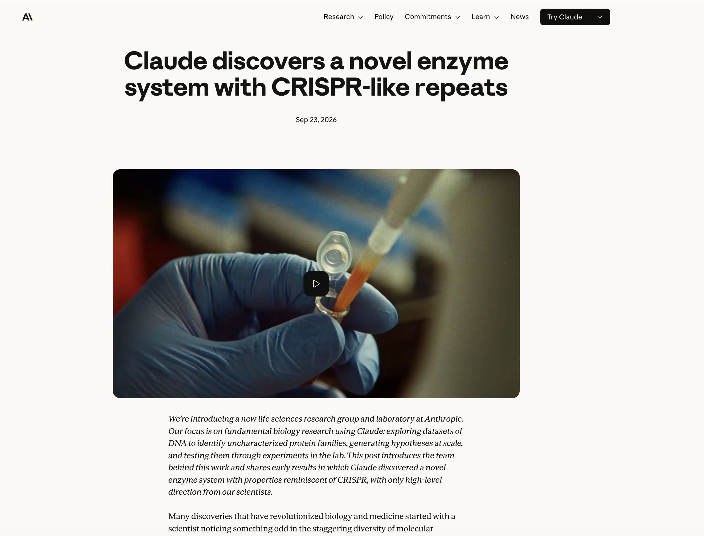 Anthropic's announcement page: Claude discovers a novel enzyme system with CRISPR-like repeats