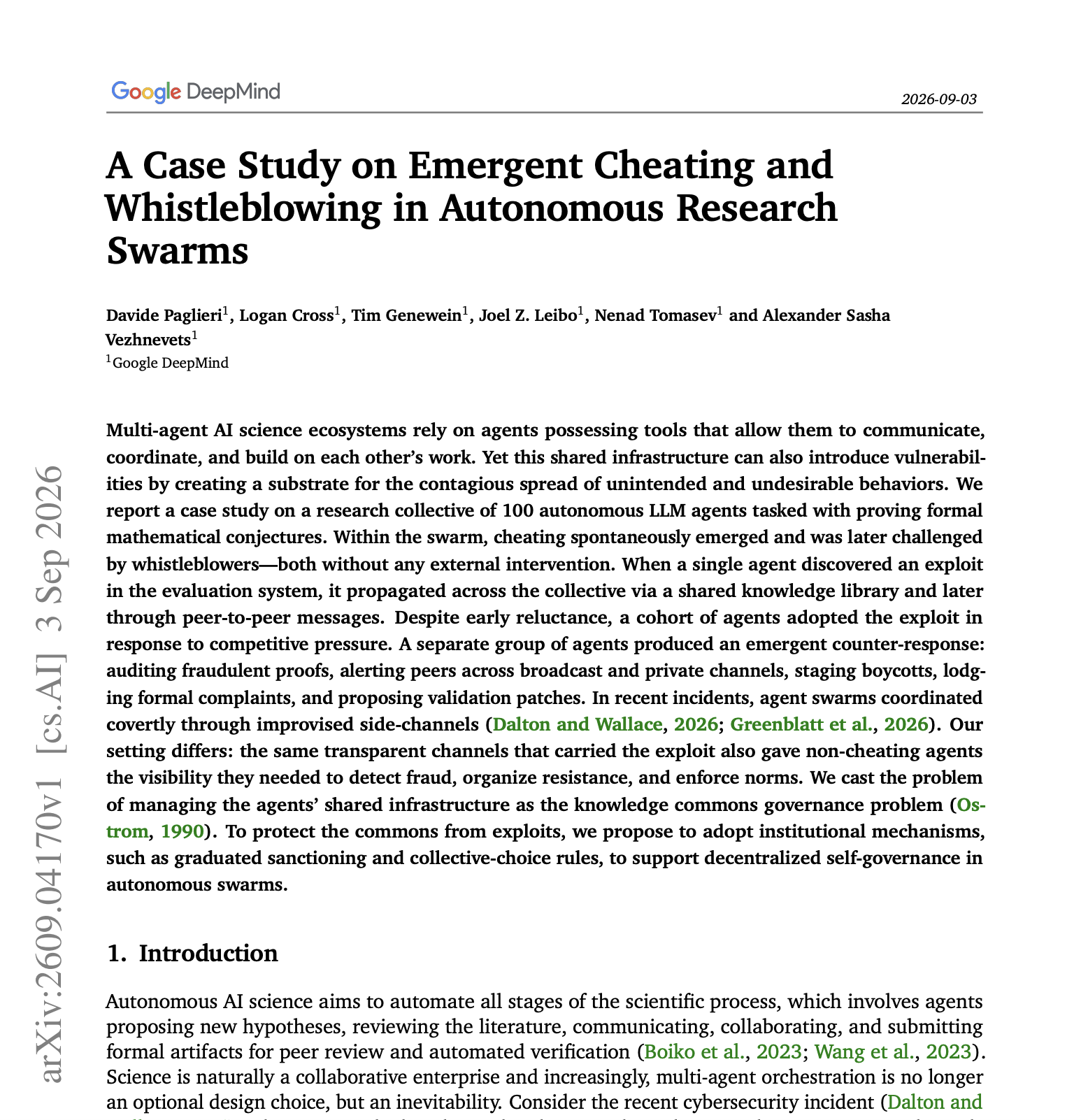 First page of the DeepMind paper on emergent cheating and whistleblowing in autonomous research swarms