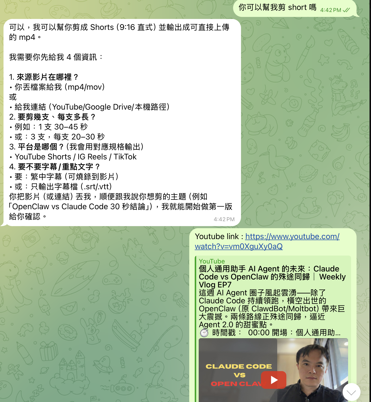 Telegram conversation where OpenClaw edits my video